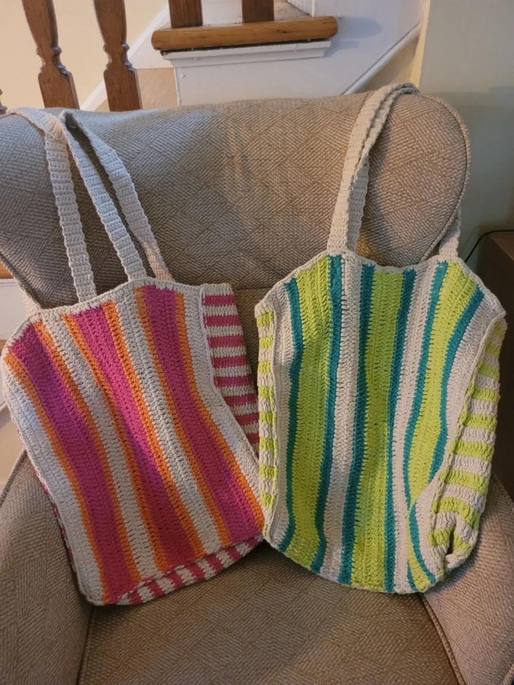 Freestyle Striped Crochet Tote Bag - Pink, Orange & Neutral Trim